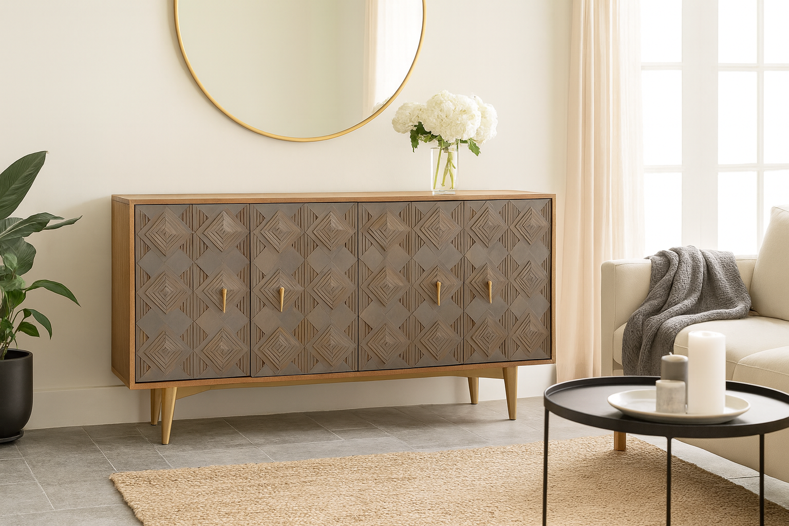 Handcrafted mango wood sideboard with full-front layered carving and brass legs – Avighna by Om Home & Garden