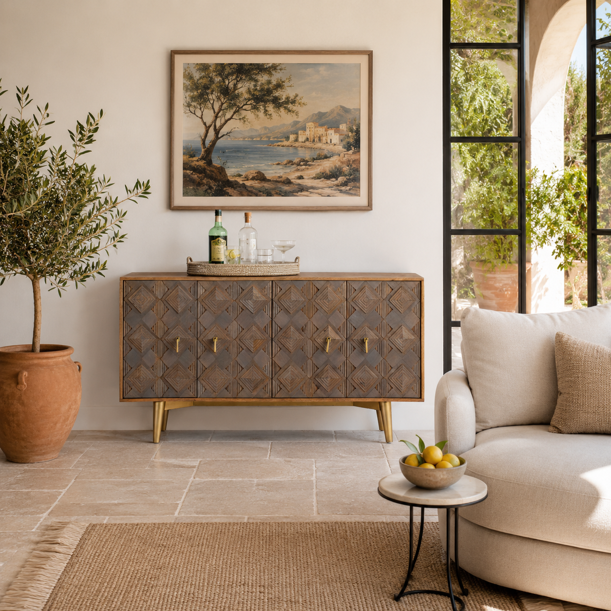Lifestyle image of Avighna sideboard styled in a contemporary interior with brass accents.