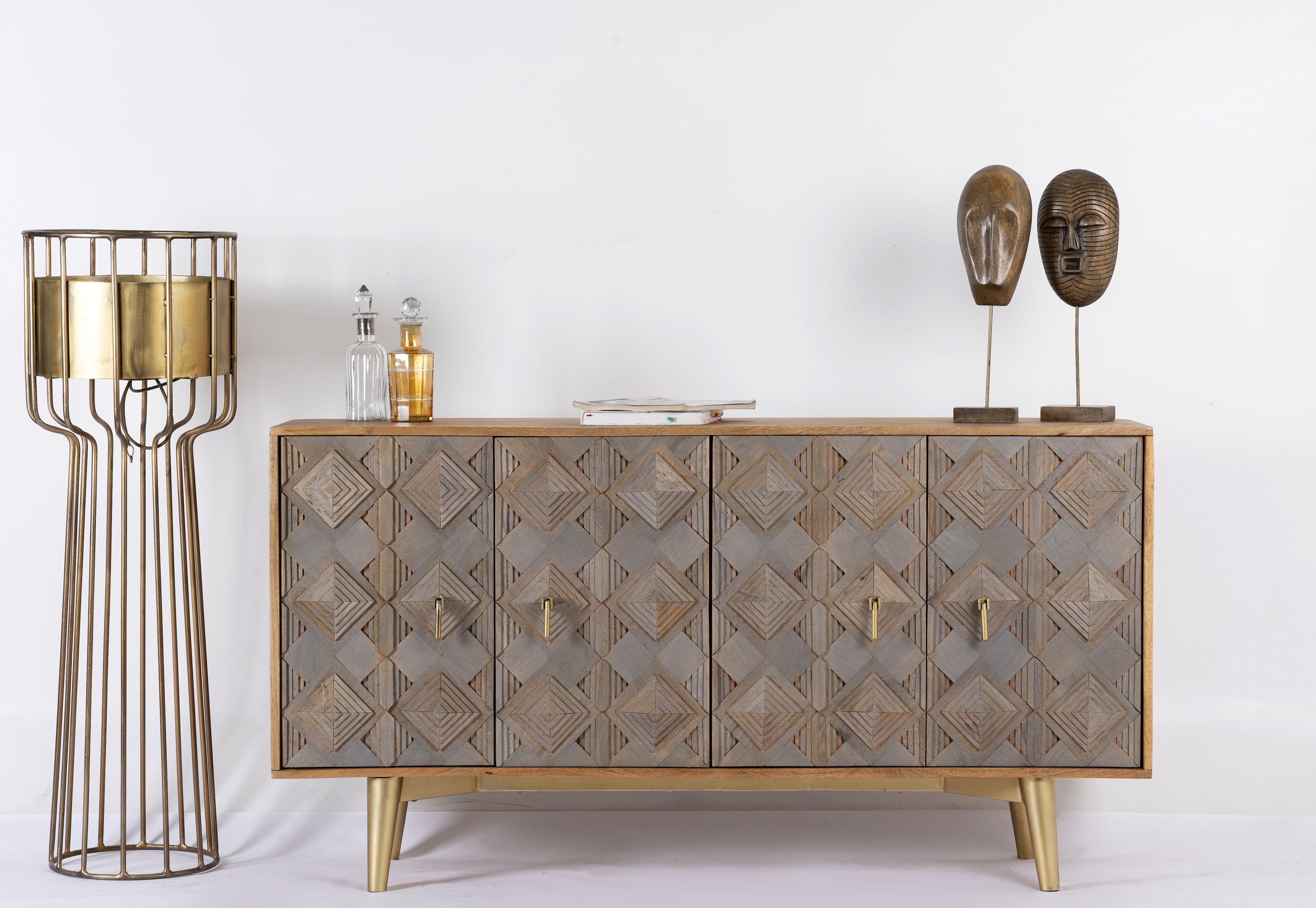 Handcrafted mango wood sideboard with full-front layered carving and brass legs – Avighna by Om Home & Garden