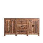 White background image of a reclaimed wood sideboard Avika in a rustic minimalistic design with three drawers and two double-door cabinets. A sustainable furniture piece with warm wood tones and black iron handles, perfect for eco-conscious interiors.