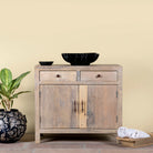 Reclaimed wood cupboard with 2 drawers and 2 doors, rustic finish; sustainable bathroom furniture, 90 × 50 × 80 cm.