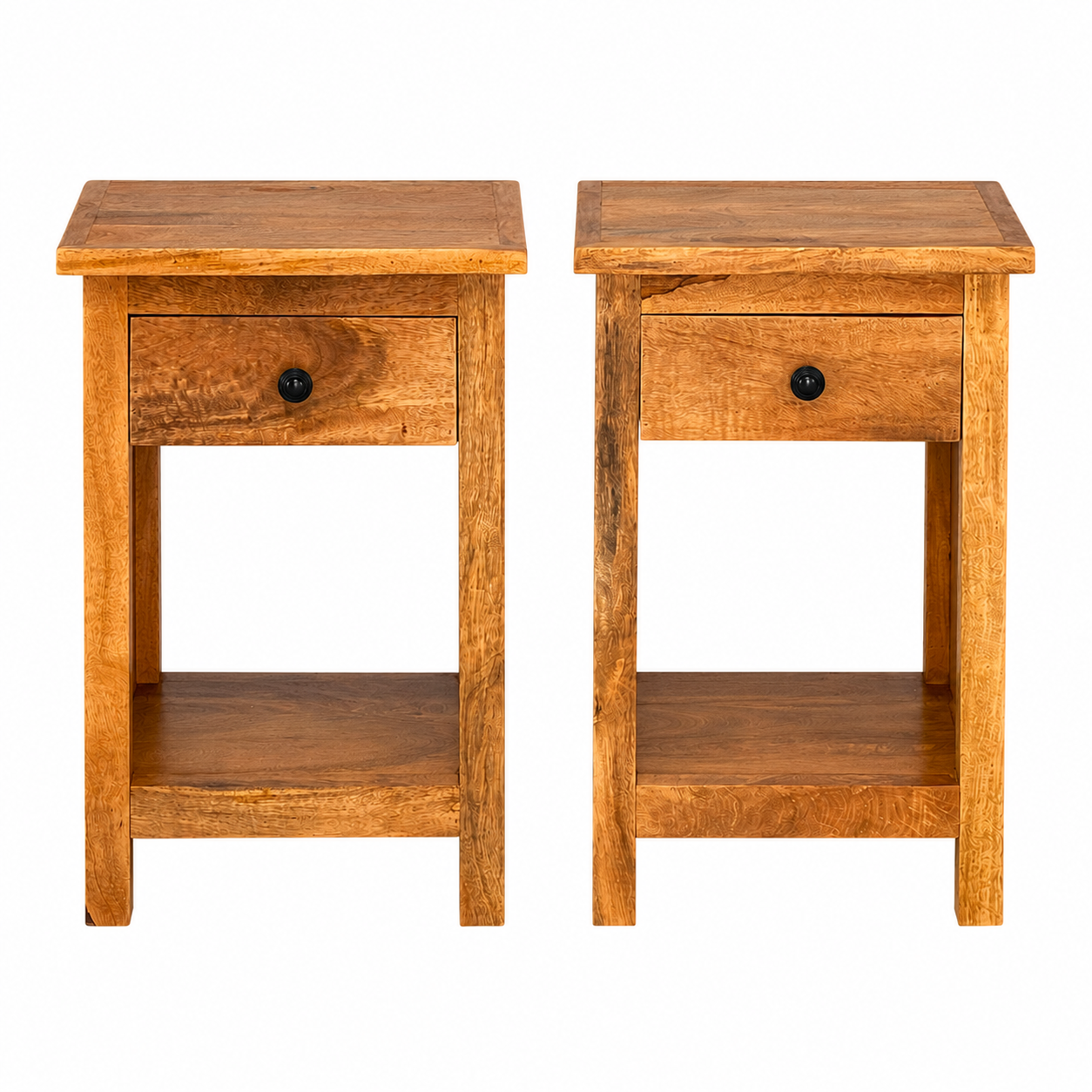 White background image of a Avni handcrafted mango wood bedside table set of two with drawer and open shelf, solid wood bedroom furniture, 45x35x65cm each.