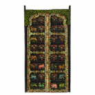 White background image of a Ayandh hand-painted teak door panel featuring sacred animal motifs and folk figures with a weathered floral frame—a vibrant example of teak door panels and unique Indian wall decoration.