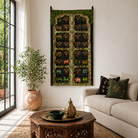 Lifestyle image of a Ayandh hand-painted teak door panel featuring sacred animal motifs and folk figures with a weathered floral frame—a vibrant example of teak door panels and unique Indian wall decoration.