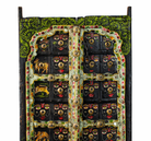 Close up image of a Ayandh hand-painted teak door panel featuring sacred animal motifs and folk figures with a weathered floral frame—a vibrant example of teak door panels and unique Indian wall decoration. 