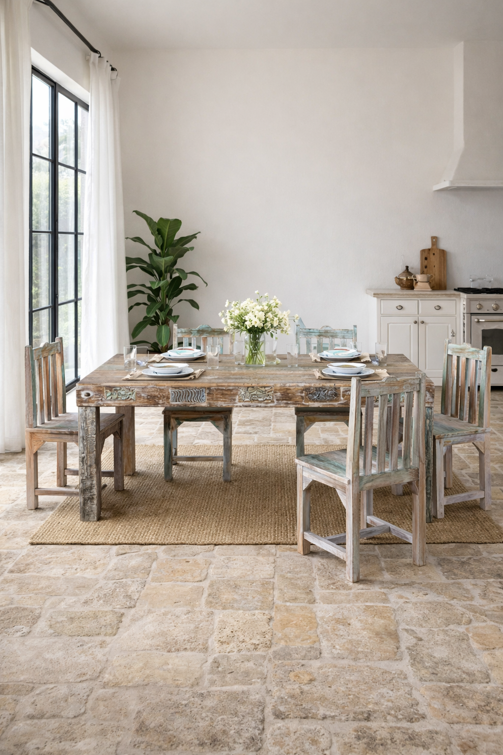 Lifestyle imagination of a reclaimed wood dining set Ayla with one vintage table and six rustic chairs. A handcrafted bohemian interior piece combining sustainable materials with artistic, timeworn charm.