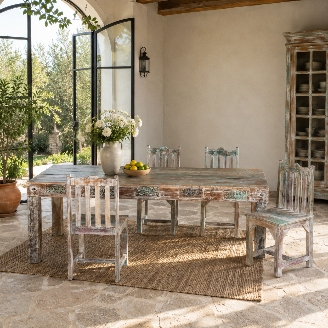 Lifestyle image of a reclaimed wood dining set Ayla with one vintage table and six rustic chairs. A handcrafted bohemian interior piece combining sustainable materials with artistic, timeworn charm.