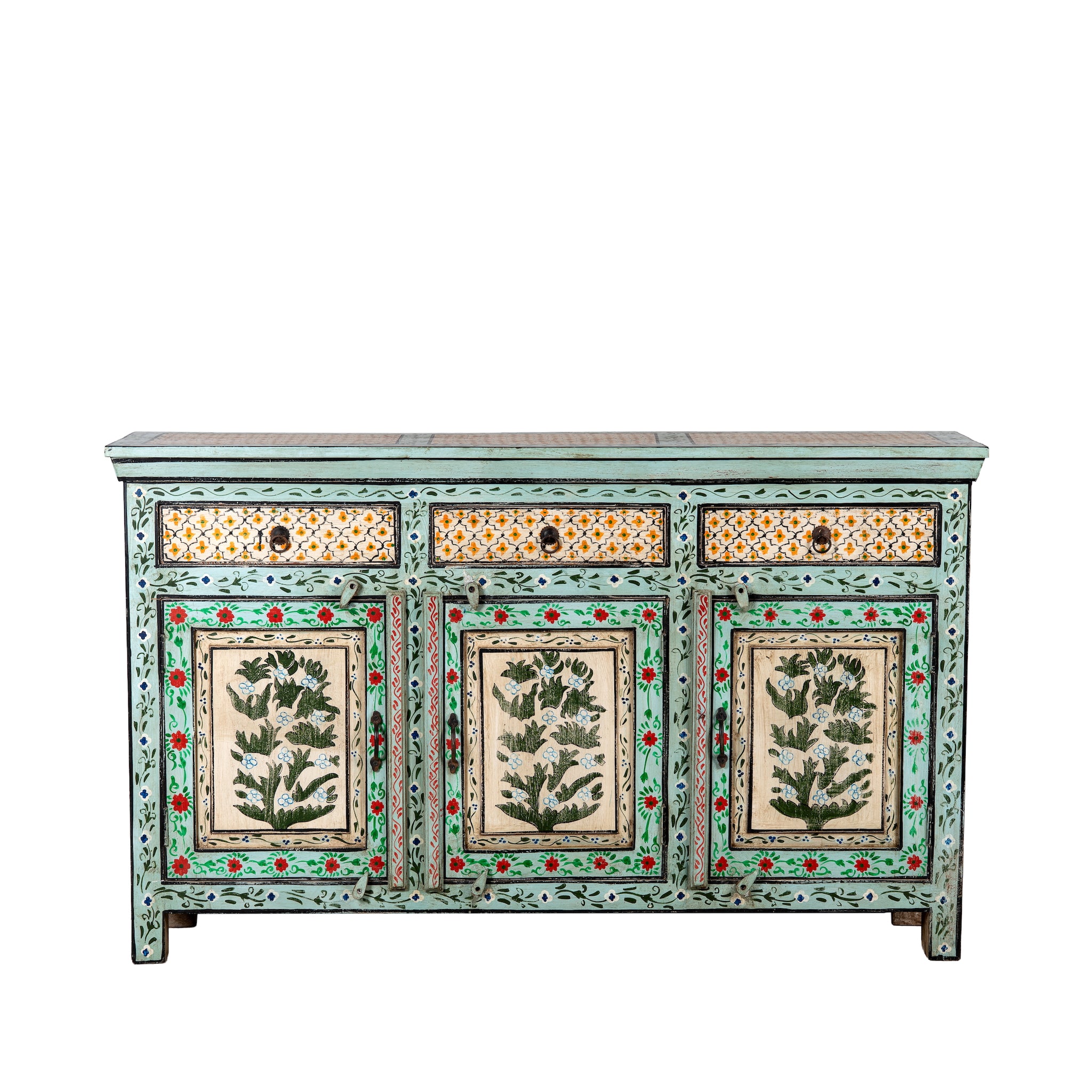White background image of a hand-painted sideboard made from reclaimed wood, featuring three drawers and three cabinet doors adorned with intricate floral borders and tree motifs in earthy green and warm tones, finished in a soft distressed patina for a vintage artisanal look.
