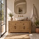 Lifestyle image of a Ayra reclaimed teak wood sideboard with hand carved Orissa house door elements and original iron fittings 123cm