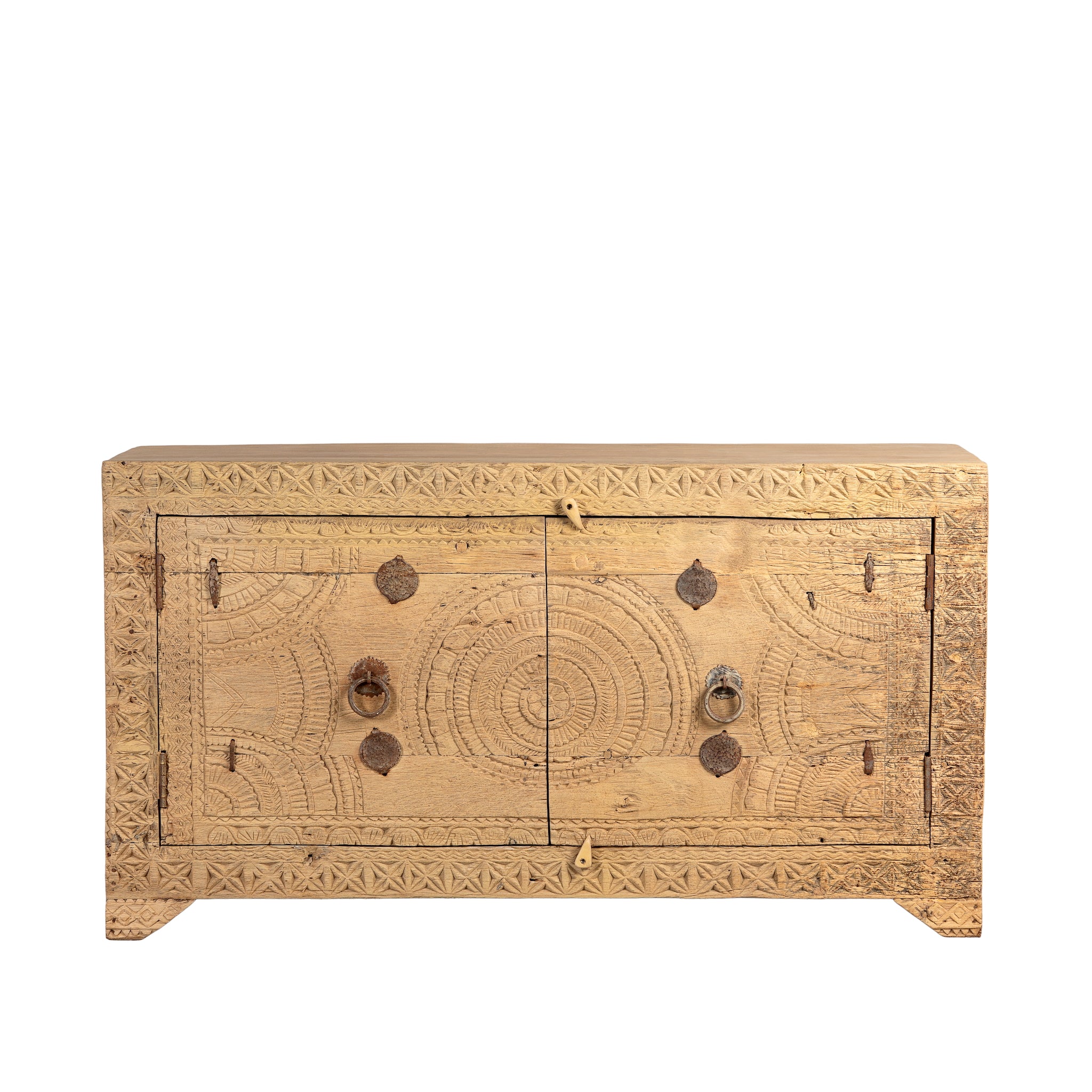 White background image of a Ayra reclaimed teak wood sideboard with hand carved Orissa house door elements and original iron fittings 123cm