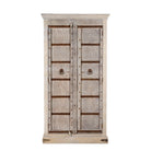 White background image of a old door cabinet with reclaimed teak doors, floral carvings, and iron accents; artisan teak wood wardrobe with mango wood frame, 100 × 44 × 206 cm.