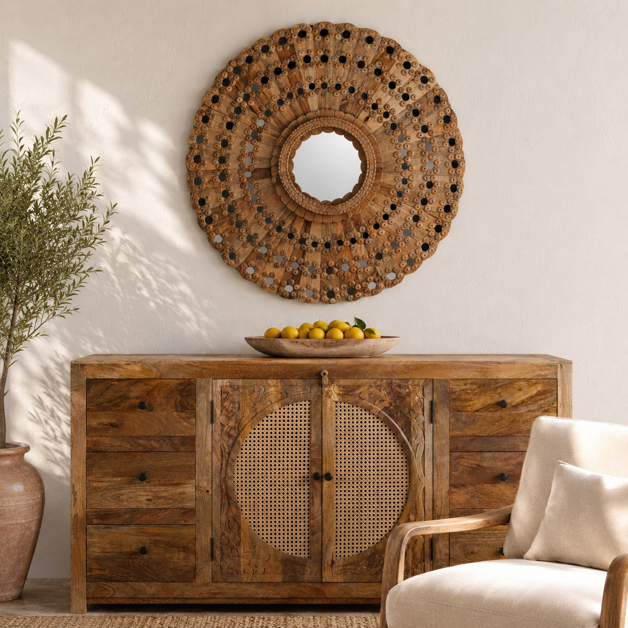 Lifestyle image of a of a round mango wood mirror Babra with concentric carved design and mirror inlays. A piece of unique wall decor combining artisanal craftsmanship and rustic bohemian charm.
