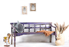 Side angle image of a Bagnan reclaimed teak wood bench with distressed shabby chic finish and spindle backrest, 180cm