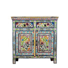 White background image  of a hand painted reclaimed wood storage cabinet in vintage floral design.