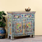 Side angle image of a hand painted reclaimed wood storage cabinet in vintage floral design.