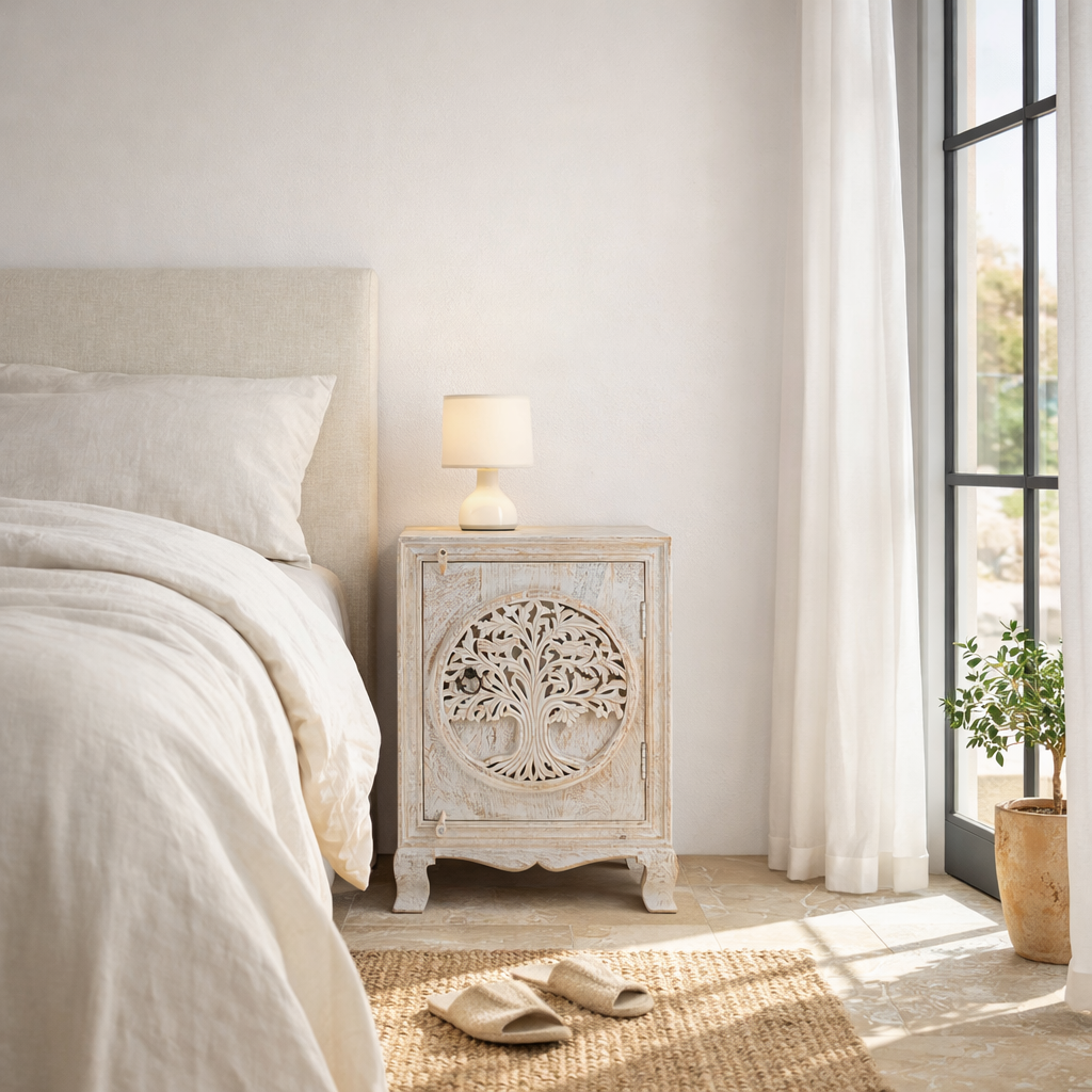 Lifestyle scene of a mango wood bedside table with hand-carved tree motifs and antique finish; perfect bedroom furniture and mango wood furniture, 50 × 70 × 40 cm.