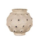 White background image of a handmade papier-mâché vase Barfi with dotted surface and mirrored details. A vintage home accessory and unique Indian decoration ideal for dried flowers or as a sculptural piece in vintage home decor.