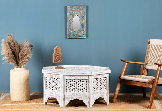Square mango wood coffee table with floral carvings and white wash finish; hand-carved and rustic, 90 × 90 × 46 cm.
