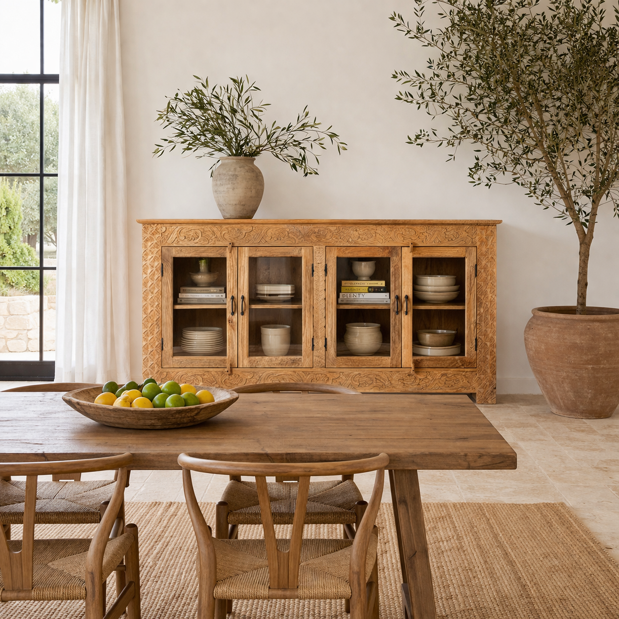 Lifestyle imagination of a hand-carved wooden showcase Barot made from natural mango wood, featuring detailed floral carvings across its front. A sustainable piece of Indian furniture online ideal for living room furniture with a Mediterranean and boho-style design.