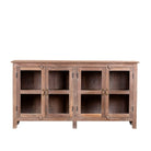 White background image of a reclaimed wood dresser with four glass doors, teak wood showcase cabinet with brass handles and wooden latches, 170 × 40 × 90 cm.