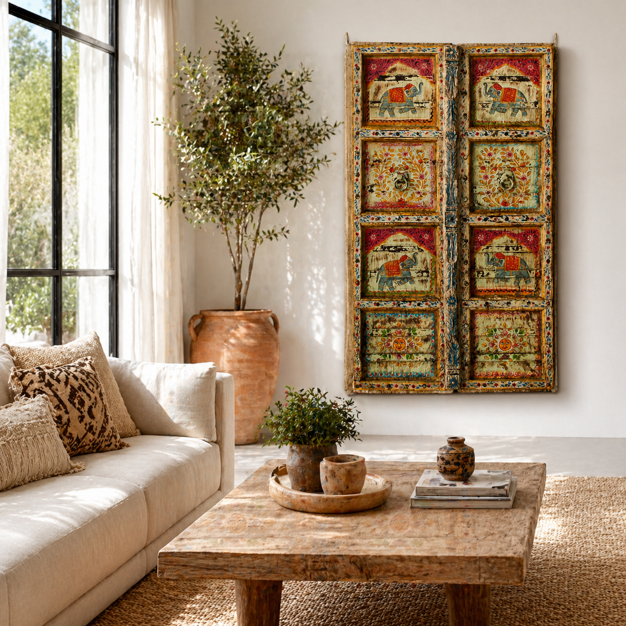 Lifestyle scene with a hand-painted Indian antique teak door with elephant and floral motifs, distressed green finish, vintage wall panels for unique home decor.