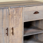 Close up image of a bathroom console table wood with 2 drawers, 2 doors, and 4 open shelves; reclaimed wood bathroom furniture, 150 × 50 × 80 cm.