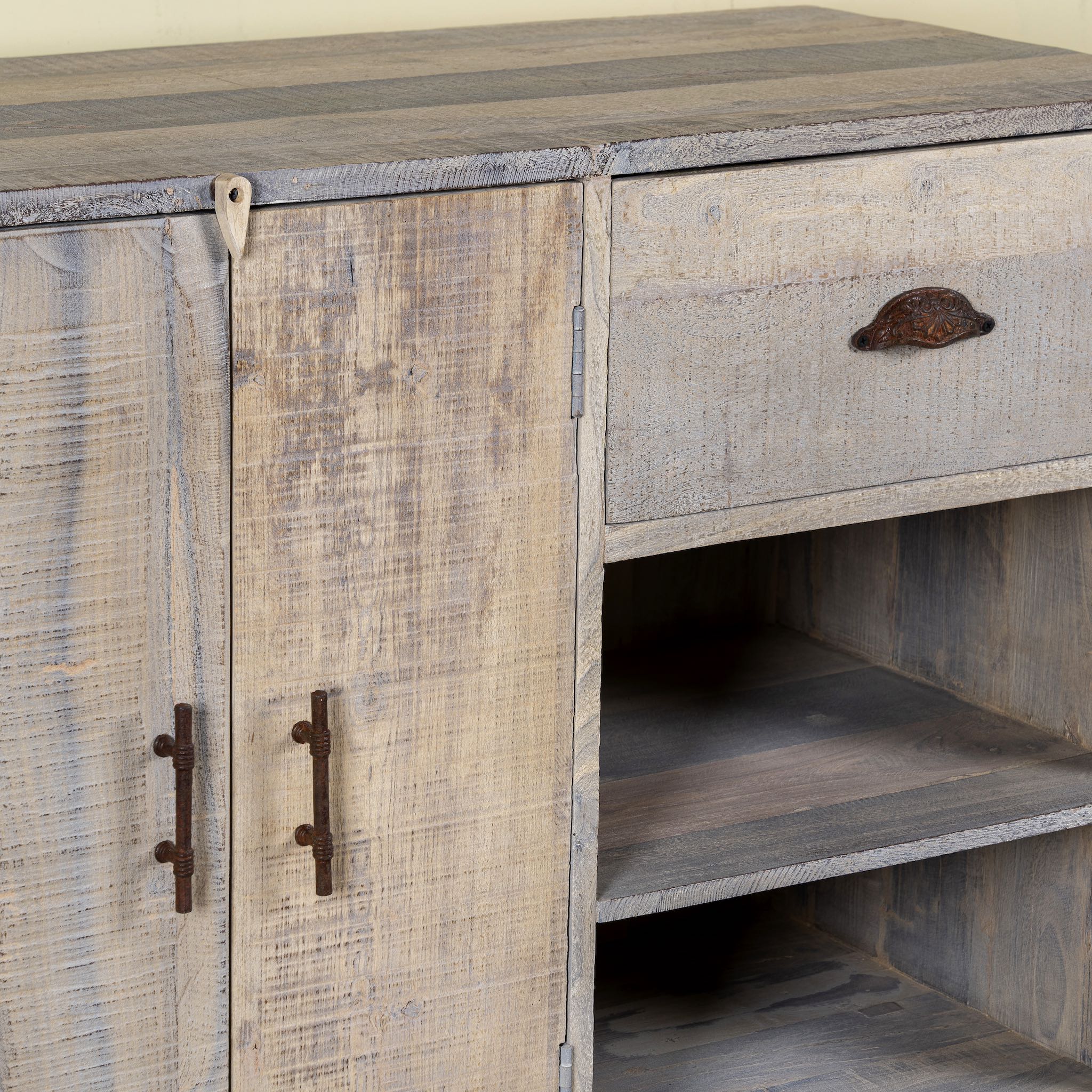 Close up image of a bathroom console table wood with 2 drawers, 2 doors, and 4 open shelves; reclaimed wood bathroom furniture, 150 × 50 × 80 cm.