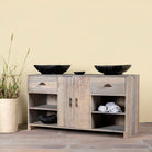 Side angle image of a bathroom console table wood with 2 drawers, 2 doors, and 4 open shelves; reclaimed wood bathroom furniture, 150 × 50 × 80 cm.