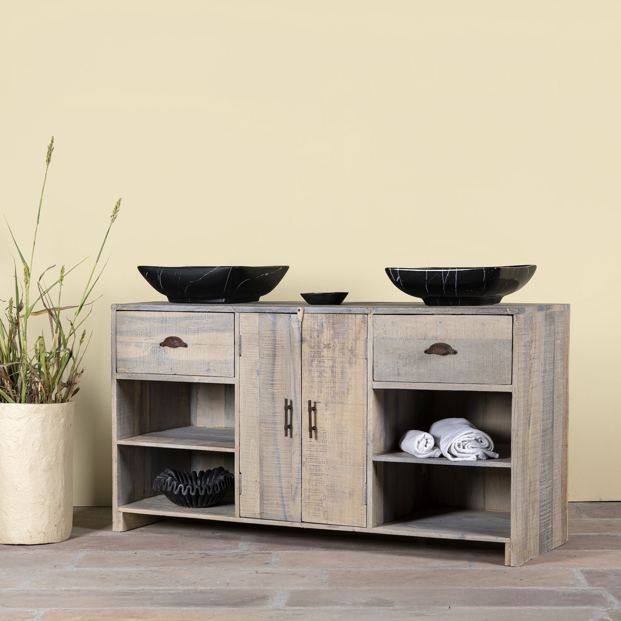Side angle image of a bathroom console table wood with 2 drawers, 2 doors, and 4 open shelves; reclaimed wood bathroom furniture, 150 × 50 × 80 cm.