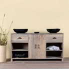 Bathroom console table wood with 2 drawers, 2 doors, and 4 open shelves; reclaimed wood bathroom furniture, 150 × 50 × 80 cm.