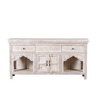 White background image of a handcrafted wooden carved sideboard with oriental arches and whitewashed finish; perfect as an entryway table vintage feature, 160 × 80 × 40 cm.