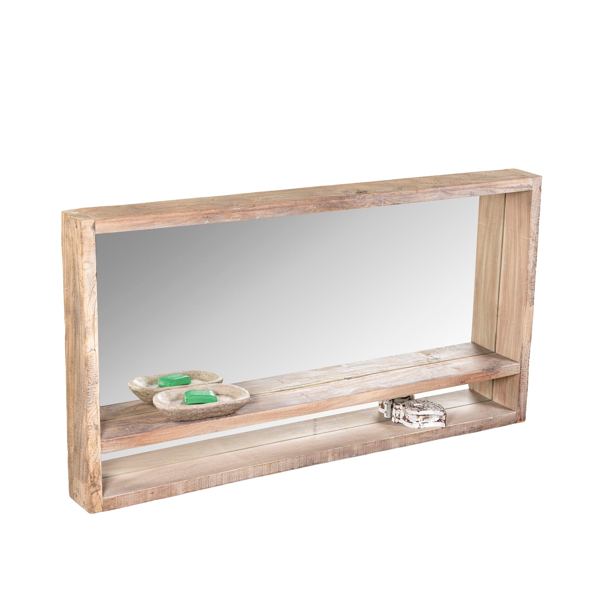 White background image of a rectangular reclaimed wooden mirror with sandblasted finish and integrated shelf; rustic bathroom mirror with storage, 90 × 15 × 60 cm.
