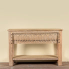 Bhaskar reclaimed teak wood console table with carved old Indian house elements and lower storage shelf 118cm