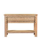 White background image of a Bhaskar reclaimed teak wood console table with carved old Indian house elements and lower storage shelf 118cm