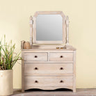 Ibiza style Mango wood dressing table with five drawers and mirror, sandblasted whitewashed finish, 100 × 40 × 130 cm.