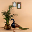 Bhavani hand painted wooden peacock decoration handcrafted from solid mango wood with vibrant traditional Indian folk art detailing, 130x70x30cm.