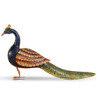 White background image of a Bhavani hand painted wooden peacock decoration handcrafted from solid mango wood with vibrant traditional Indian folk art detailing, 130x70x30cm.