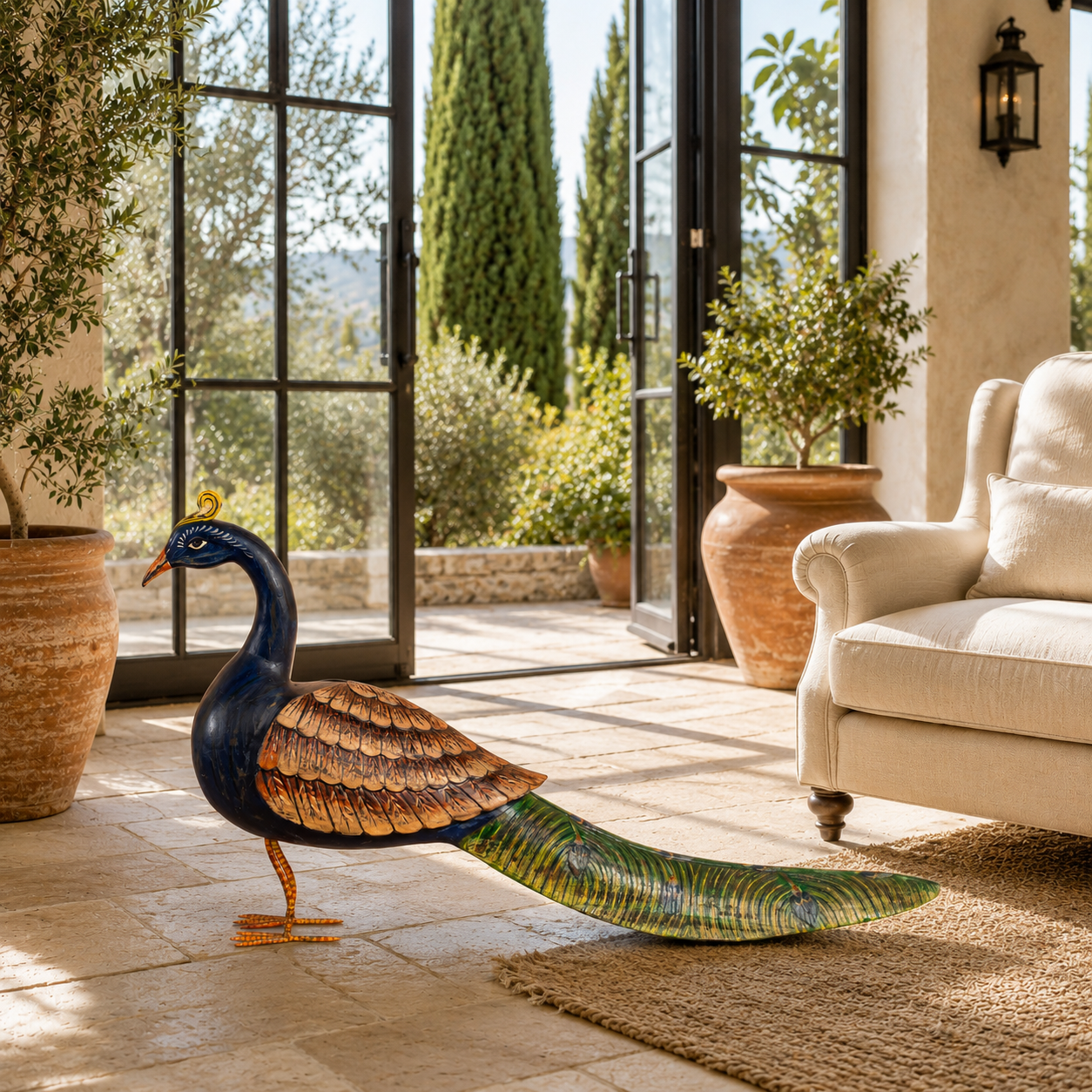 Lifestyle image of a Bhavani hand painted wooden peacock decoration handcrafted from solid mango wood with vibrant traditional Indian folk art detailing, 130x70x30cm.