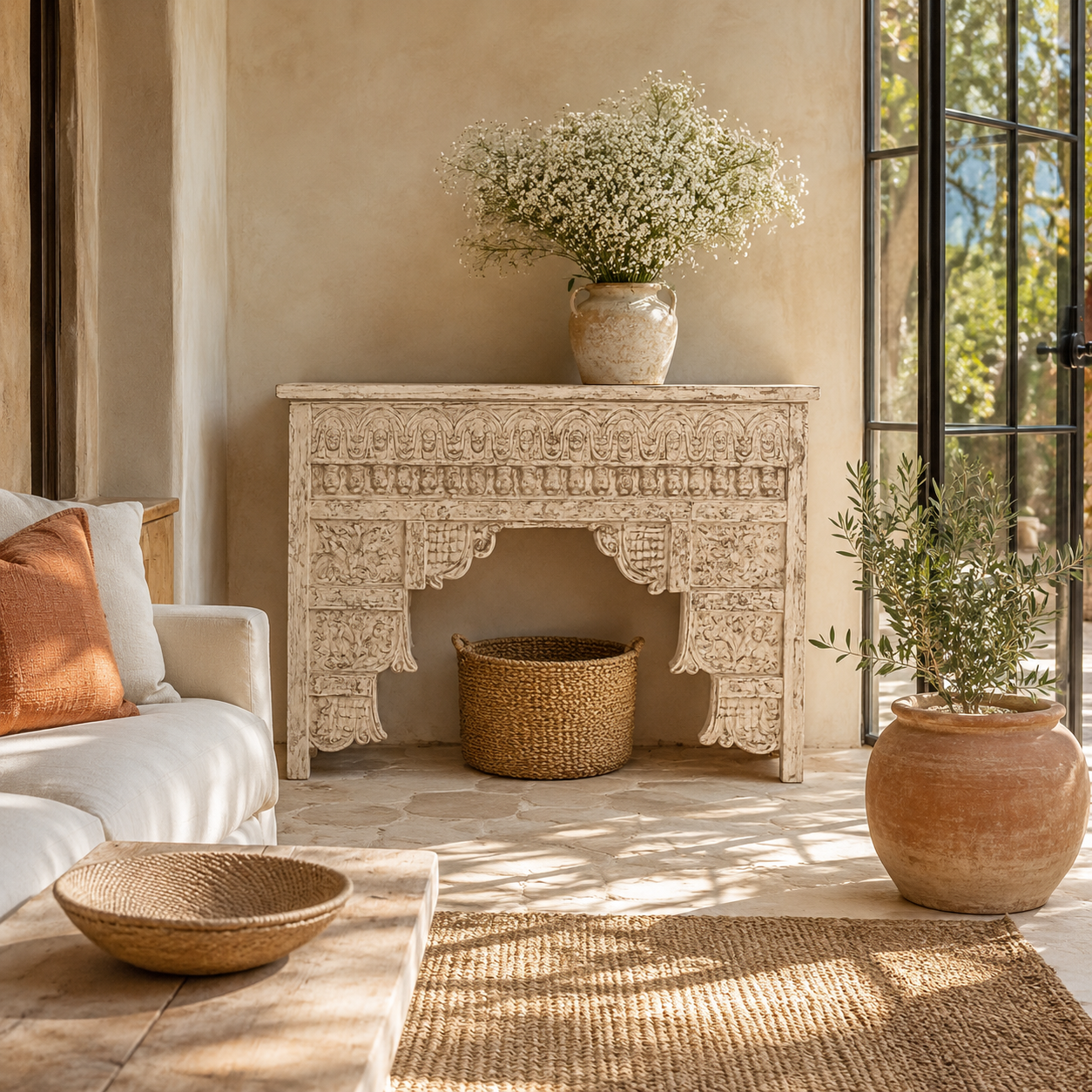 Lifstyle image of a Bhavin hand carved whitewashed mango wood console table with floral detailing 140cm