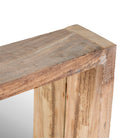 Close up image of a Rectangular reclaimed wooden mirror with sandblasted finish and integrated shelf; rustic bathroom mirror with storage, 120 × 15 × 80 cm.