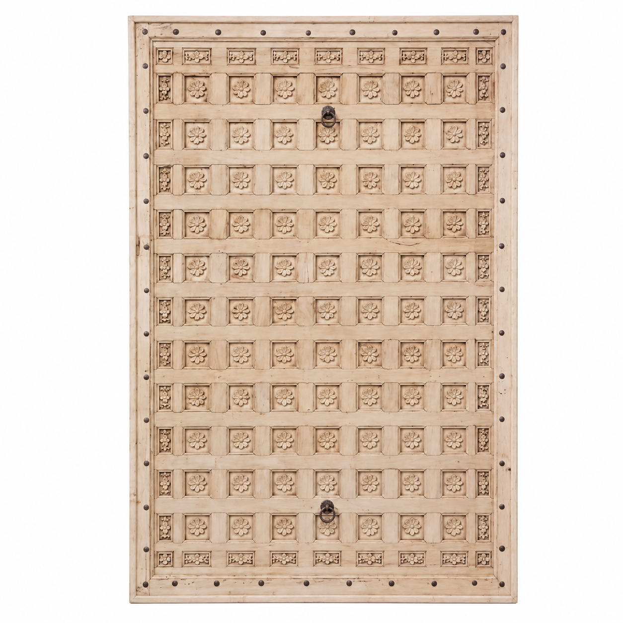 White background image of a  Bheem hand-carved teak headboard made from an old Indian ceiling door, featuring floral panel carvings and a whitewashed finish—an authentic piece of old door headboards and old Indian door furniture.