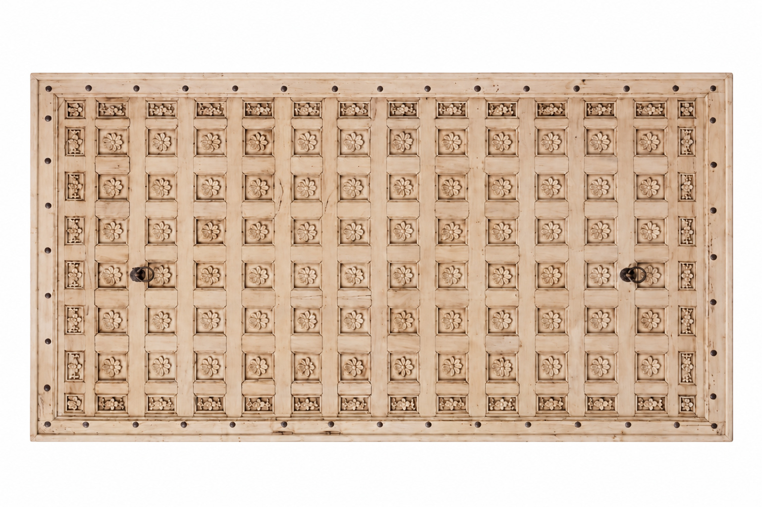 Bheem hand-carved teak headboard made from an old Indian ceiling door, featuring floral panel carvings and a whitewashed finish—an authentic piece of old door headboards and old Indian door furniture.