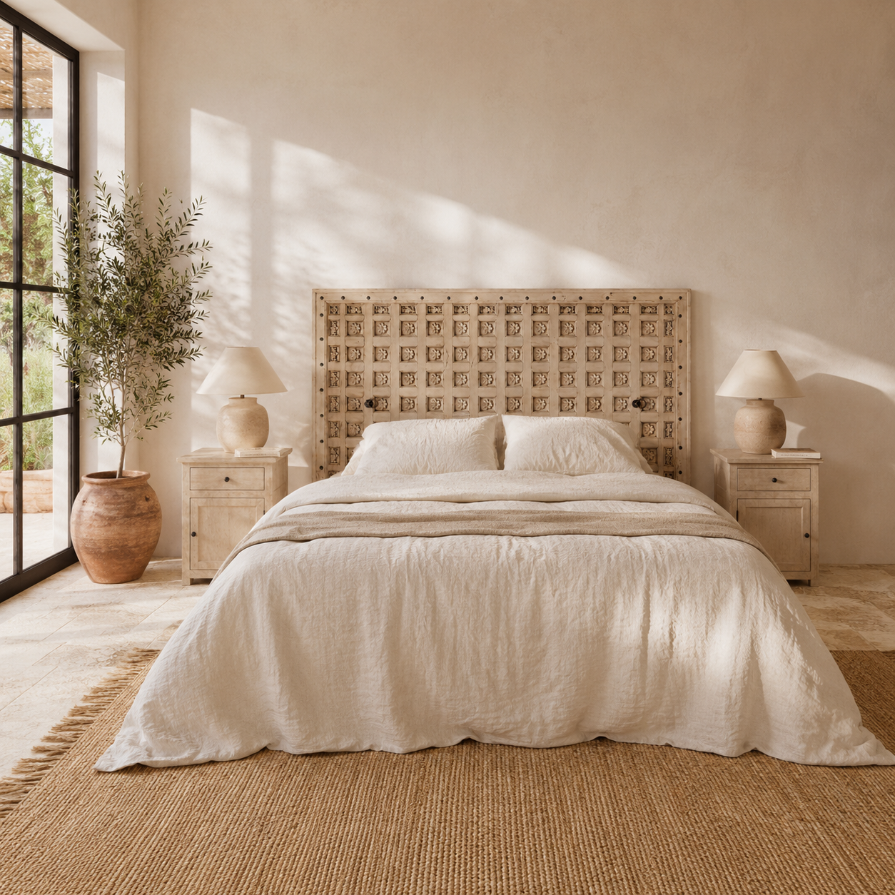 Lifestyle image of a Bheem hand-carved teak headboard made from an old Indian ceiling door, featuring floral panel carvings and a whitewashed finish—an authentic piece of old door headboards and old Indian door furniture.
