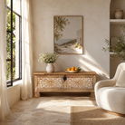 Lifestyle image of a hand-carved mango wood vintage chest with floral carvings – Mediterranean-style storage chest for living rooms, bedrooms, or bathrooms.