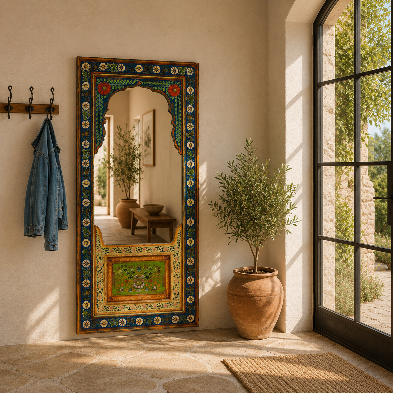 Lifestyle image of a painted mirror Bhuj with hand-carved floral design in vibrant colors, made from antique teak wood. A bold piece of unique Indian furniture with artistic and historic charm.