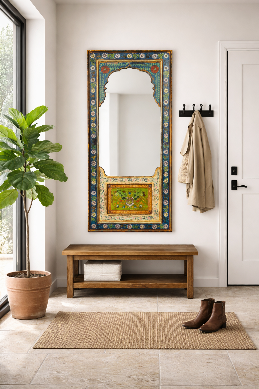 Lifestyle imagination of a painted mirror Bhuj with hand-carved floral design in vibrant colors, made from antique teak wood. A bold piece of unique Indian furniture with artistic and historic charm.