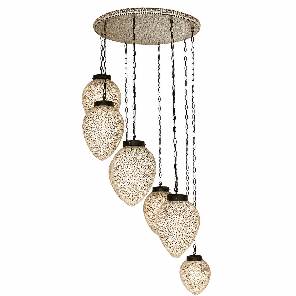 Wite background image of a Bhuv mosaic teardrop pendant light with seven cascading fixtures and round ceiling panel