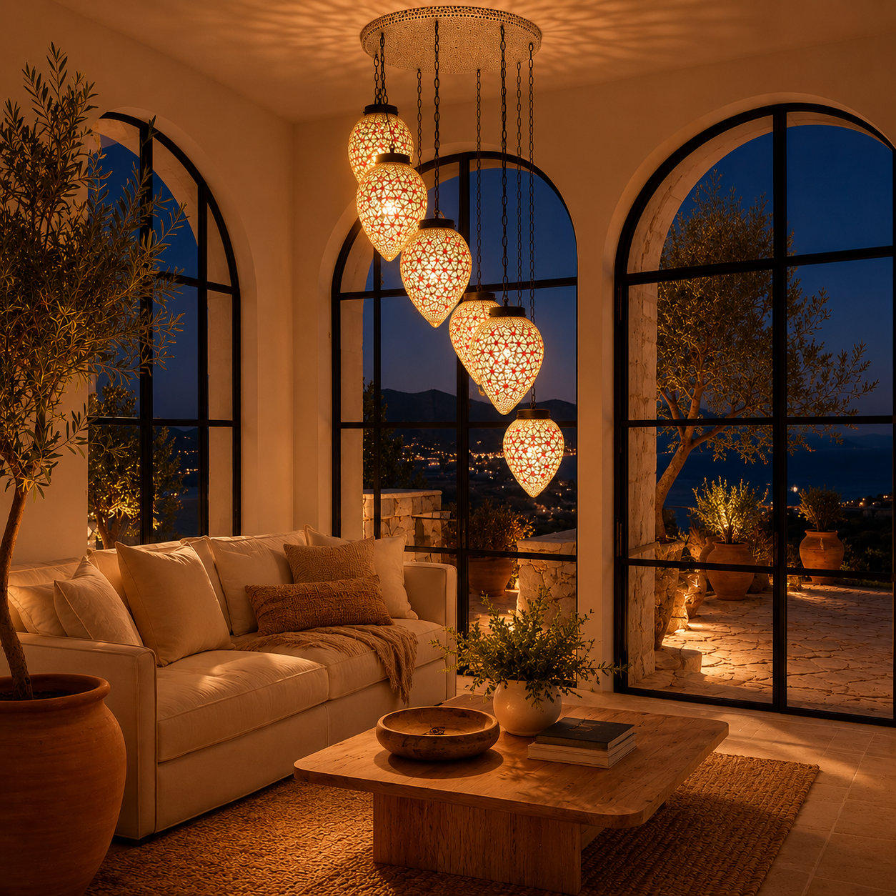 Bhuv mosaic teardrop pendant light with seven cascading fixtures and round ceiling panel