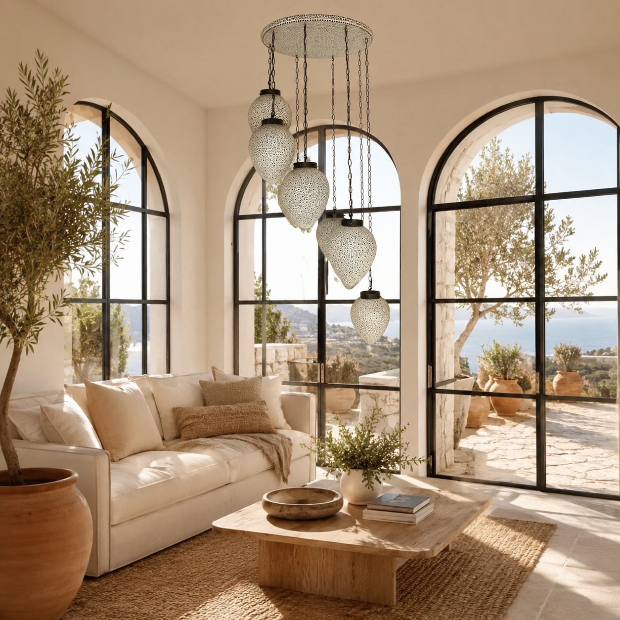 Lifestyle image of a Bhuv mosaic teardrop pendant light with seven cascading fixtures and round ceiling panel