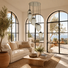 Lifestyle image of a Bhuv mosaic teardrop pendant light with seven cascading fixtures and round ceiling panel